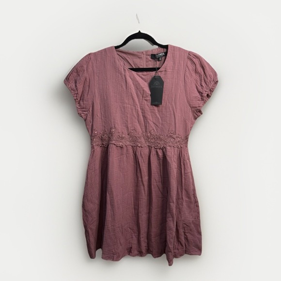 Disturbia Rosamoth Applique Trim Cotton Mini Smock Mauve Dress US10 Soft Grunge - Picture 2 of 8